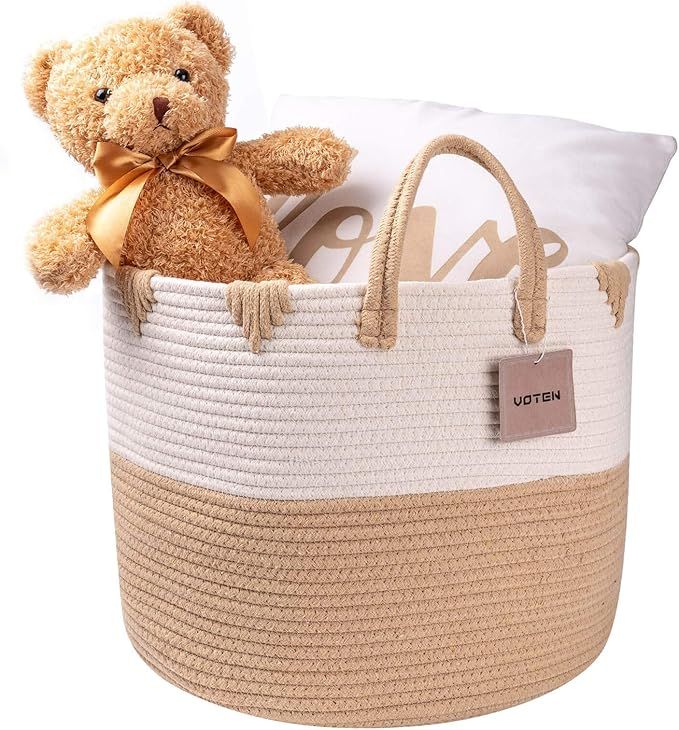 Cotton Rope Basket with Handle for Baby Laundry Basket Toy Storage Blanket Storage Nursery Bin Ba... | Amazon (US)