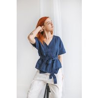 Womens Linen Wrap Top, Short Sleeve Shirt For Women, Feminine Crop Top With Belt, Women Button Up Summer, Kimono | Etsy (US)