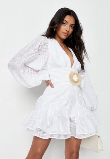 Missguided - Petite White Plaid Raffia Belted Mini Dress | Missguided (US & CA)
