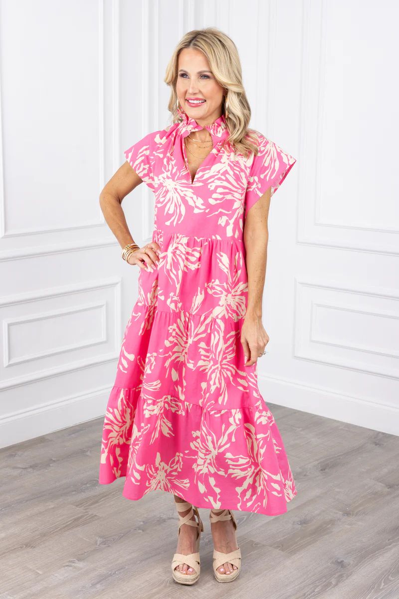 Pink Floral Midi Dress - Pink Tiered Dress with Pockets | Avara