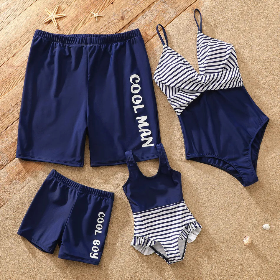 Family Matching Letter Print Solid Splicing Striped Swimsuits | PatPat