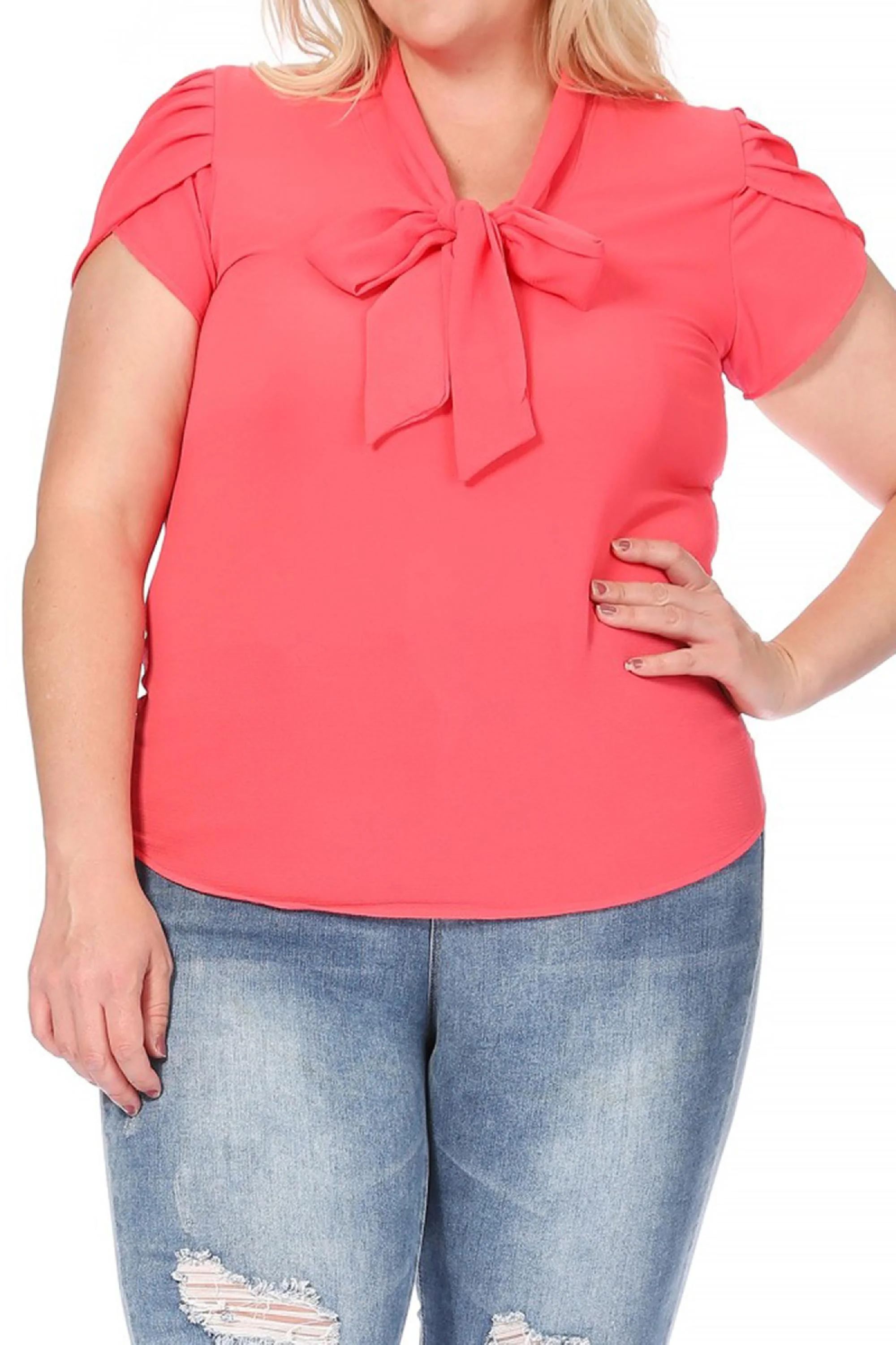 Women's Plus Size Casual Solid Petal Sleeve Bow Tie Neck Short Sleeve Blouse Shirt Top | Walmart (US)