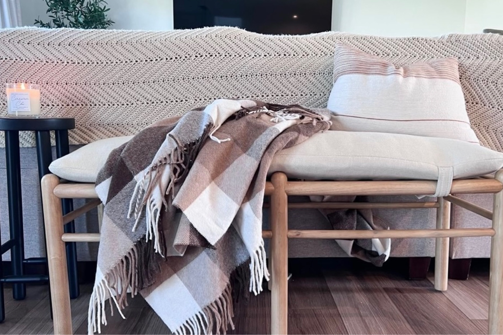Cozy vibes with this throw blanket and pillow! 

Studio McGee bench, black side table, throw blanket, throw pillow 

#LTKhome