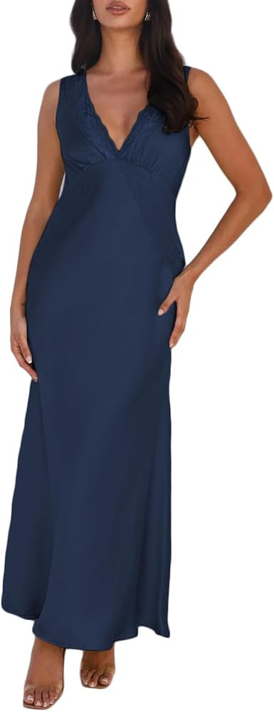 BAGONE Summer Satin Lace V Neck Backless Wedding Guest Maxi Dresses for Women Elegant Sleeveless ... | Amazon (US)