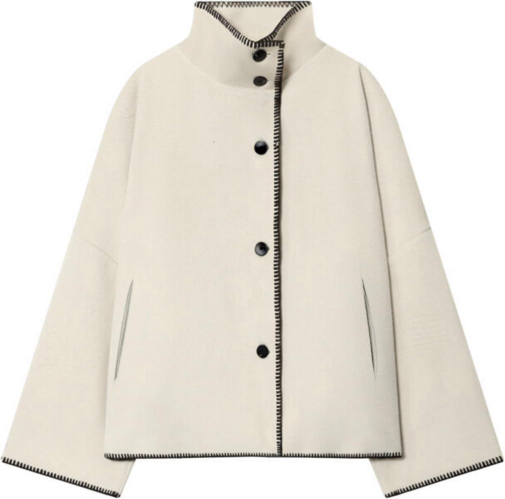 Womens Cropped Wool Jacket Oversized Stand Collar Crop Pea Coat | Amazon (US)