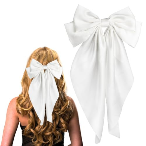 Pufandor Hair Bow Silky Satin Hair Ribbons for Women, White Bows for Girls Hair Bowknot Barrettes Long Tails with Clips Big Hair Bows Hair Accessories (White 1pc) | Amazon (US)