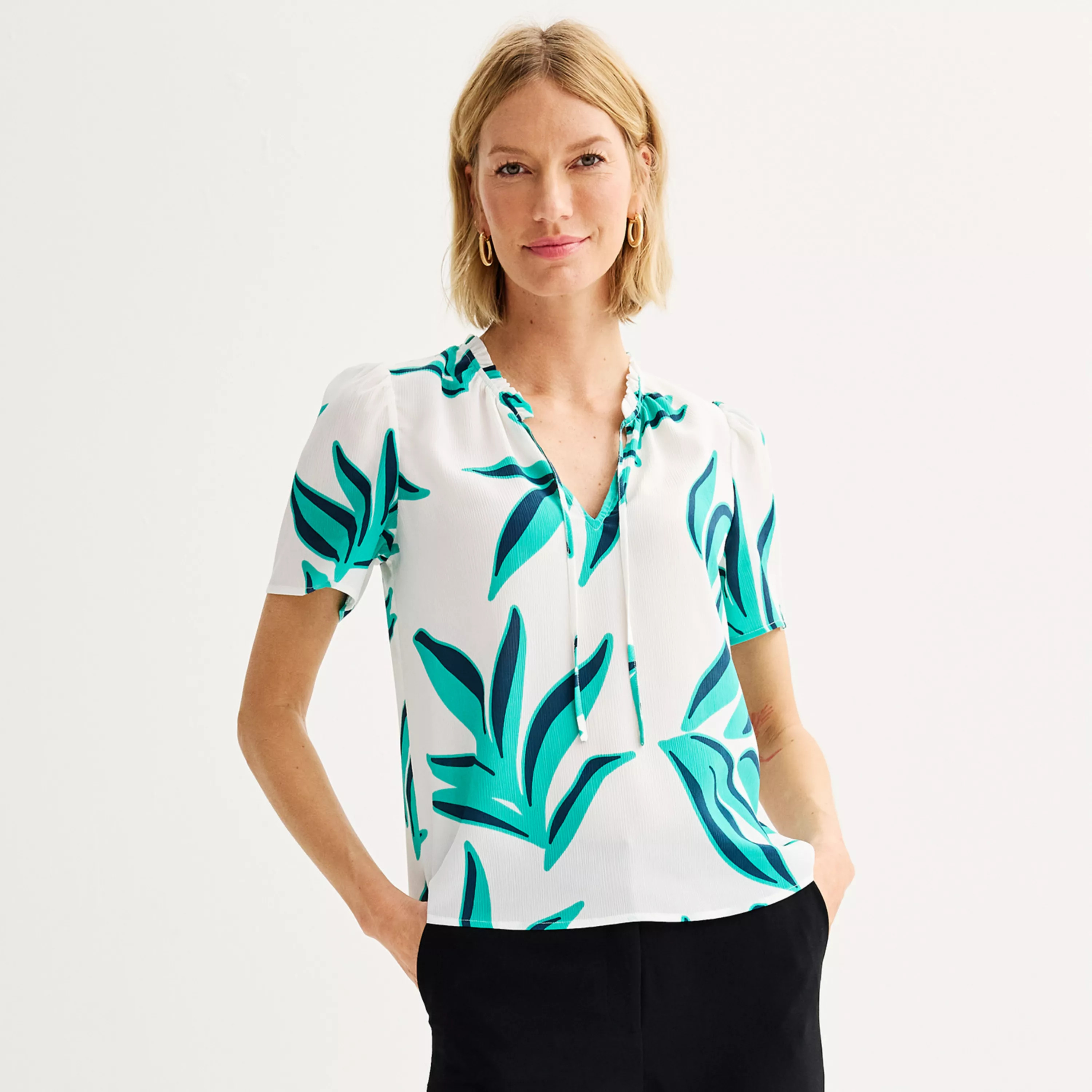 Women's Nine West Tie Front Ruffle Neck Top | Kohl's