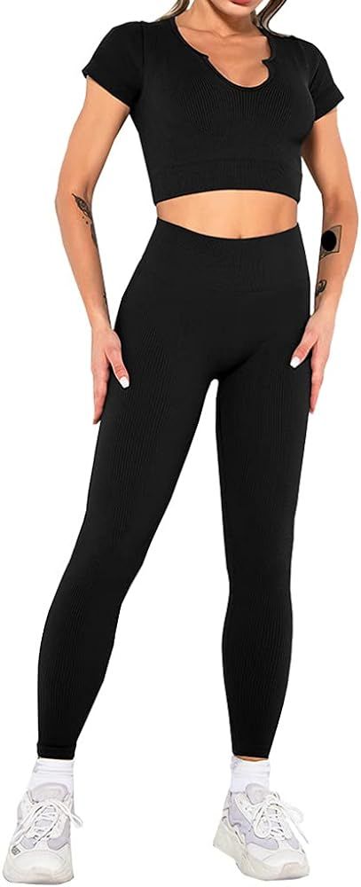 2 Piece Outfits for Women,Anlun Women's Yoga Set Ribbed Seamless Fitness Suit Tracksuit High Wais... | Amazon (US)