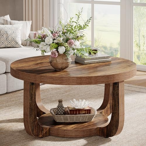 Tribesigns Round Coffee Table, 2-Tier Circle Coffee Table with Storage, Modern Wooden Accent Center Table for Living Room, Thick Tabletop & Base, Dark Brown | Amazon (US)