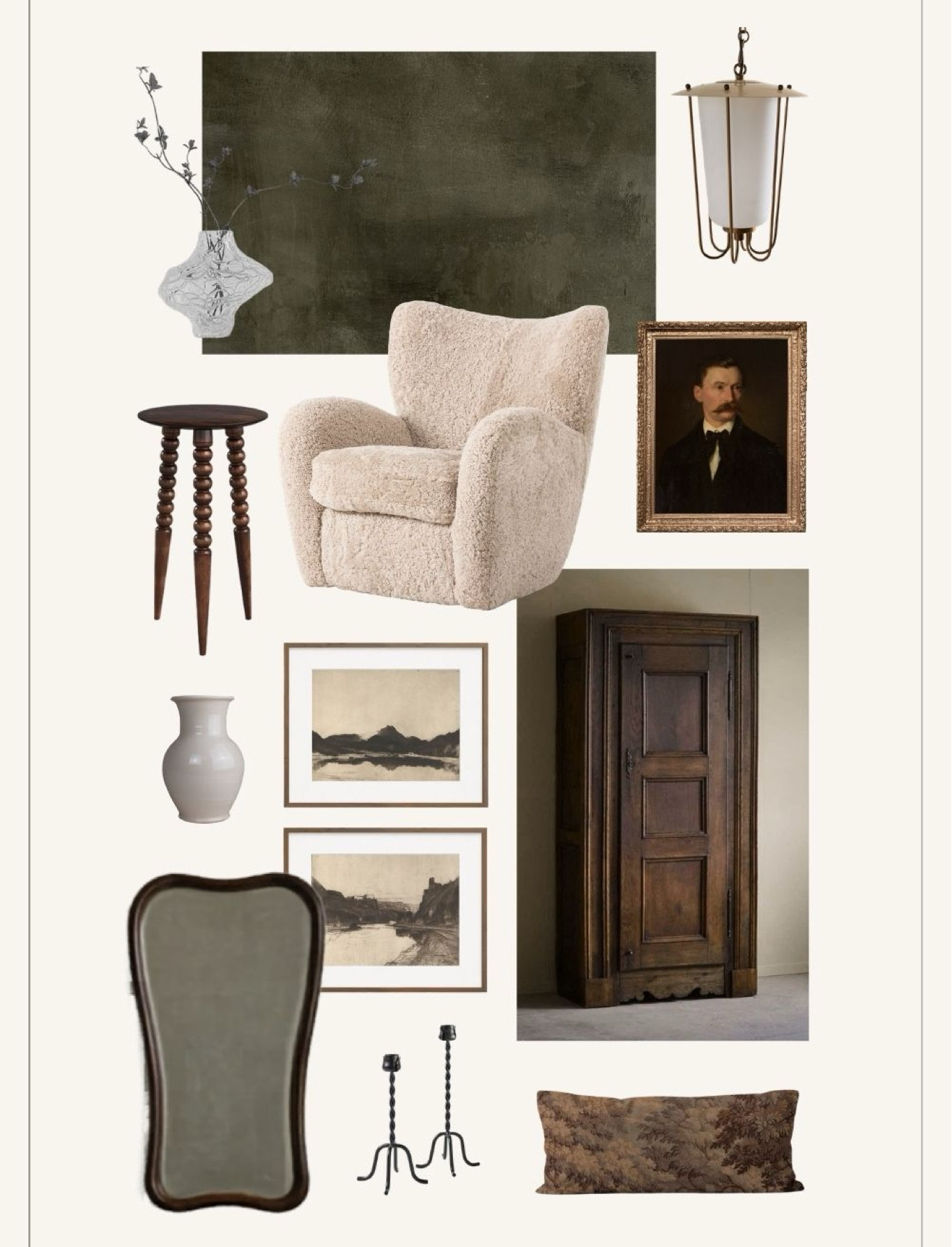 A warm, earthy and layered living room mood board with a mix of vintage and new items- high/low decor

#LTKHome