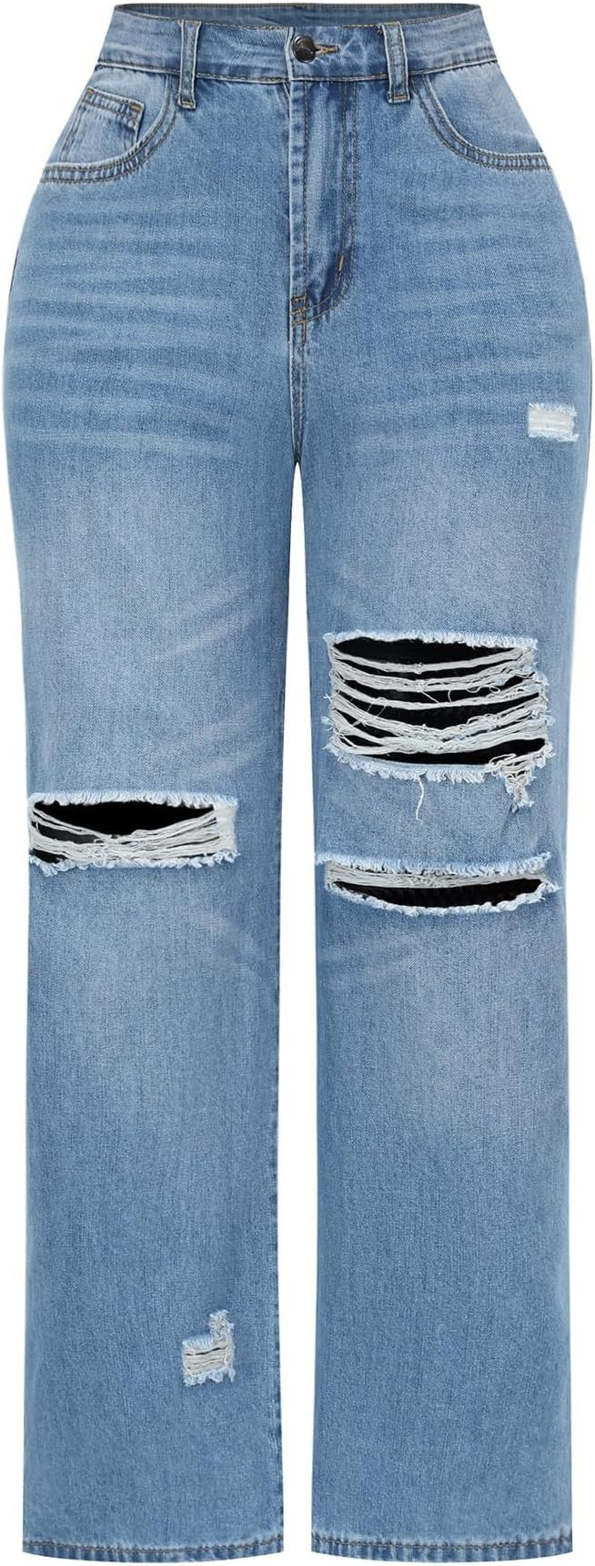 THUNDER STAR Womens High Waisted Wide Leg Jeans Stretchy Distressed Denim Pants | Amazon (US)
