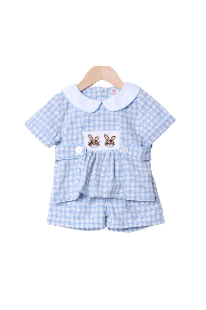 Smocked Bow Tie Bunny Blue Seersucker Short Set | The Smocked Flamingo