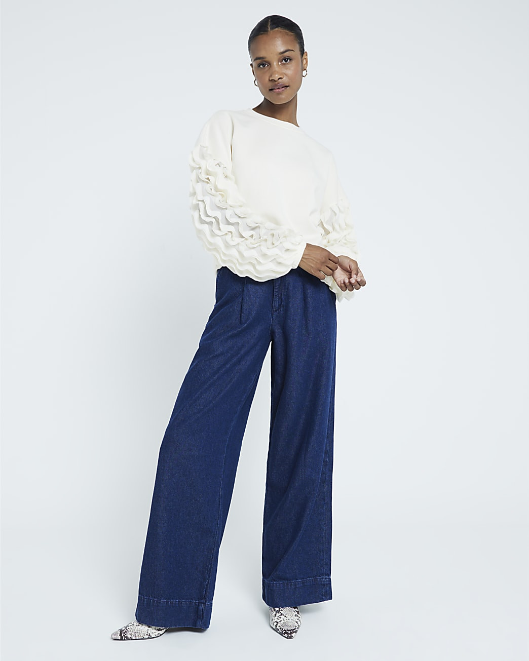 Cream long sleeve Ruffle Sweatshirt | River Island (UK & IE)