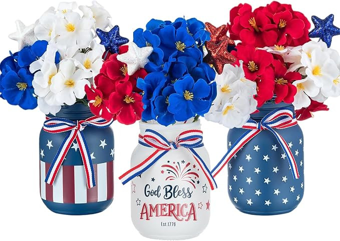 Glasseam 4th of July Vase Set: 3Pcs Patriotic Glass Mason Jars with Red White and Blue Artificial... | Amazon (US)