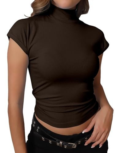 Dwnval Womens Fashion Mock Turtle Neck Cap Sleeve Shirts Slim Fit Ribbed Knited Tops 2025 Summer(Dark Brown, Small) | Amazon (US)