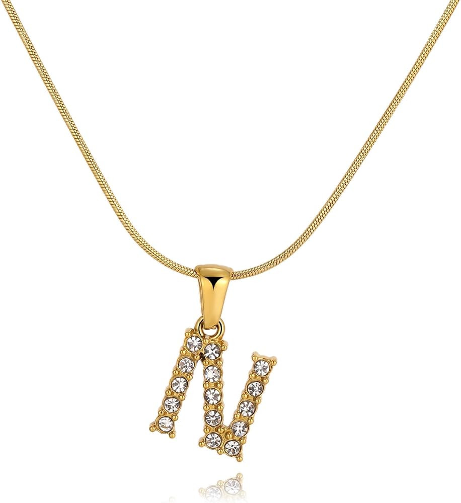 18K Gold Plated Initial Letter Necklace for Women, A-Z Alphabet Pendant Cubic Zirconia Jewelry, H... | Amazon (US)