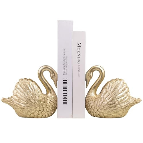 Kakizzy Swan Decorative Bookends,Resin Book Ends for Shelves,Unique Gold Book Holders,Heavy Duty Swan Decor for Home Office Desk Bookshelf,Set of 2,Gifts for Anniversary | Amazon (US)