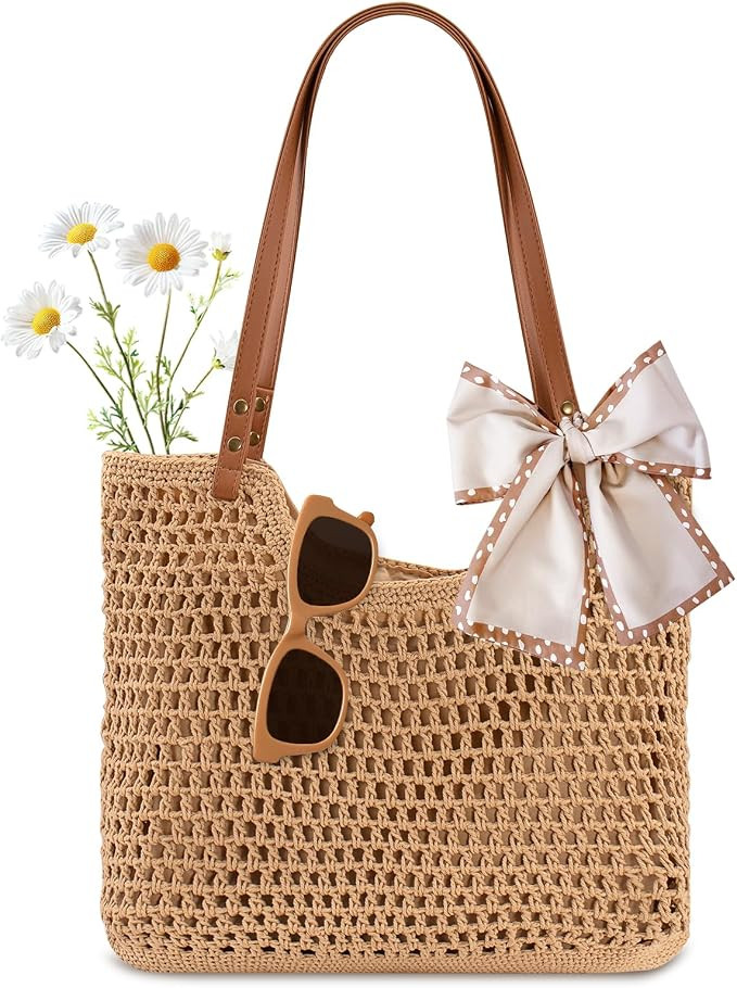 Peicees Crochet Beach Bag Purse, Boho Woven Tote with Leak-Proof Lining For Summer Vacation Trave... | Amazon (US)
