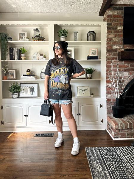 Maternity casual outfit inspo. 
Tee is vintage

Bump style, oversized tee outfit, maternity denim shorts, white converse

#LTKBump #LTKStyleTip #LTKFindsUnder50