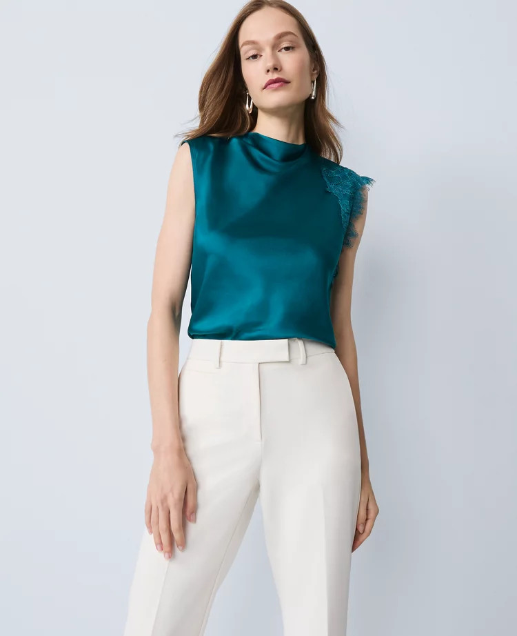 Lace Trimmed Satin Top | Ann Taylor