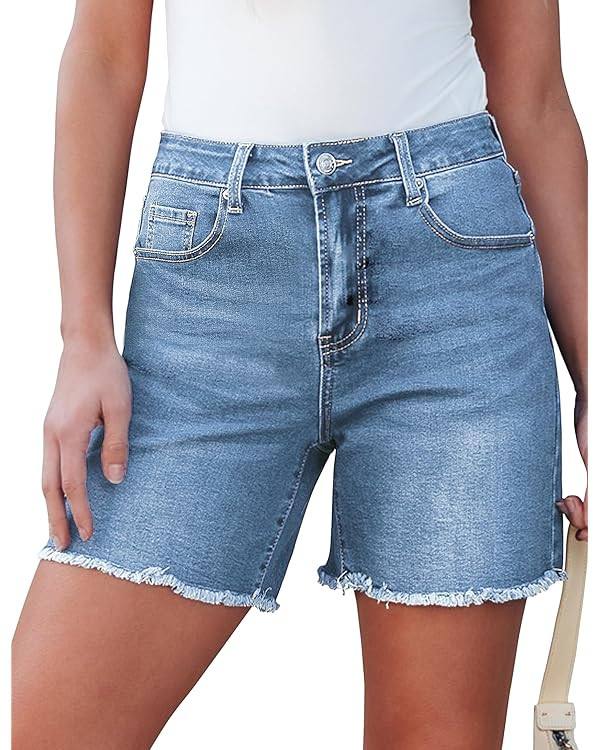 luvamia FleXclusive Jean Shorts for Women Trendy High Waisted Stretchy Denim Summer Raw Hem Mom L... | Amazon (US)