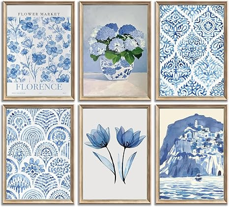 6Pcs Blue coastal Wall Art Flowers Aesthetic Wall Decor Pictures Trendy Minimalist Posters Prints... | Amazon (US)