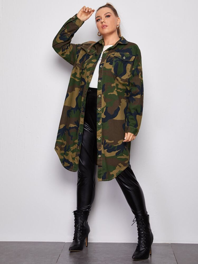 Plus Flap Pocket Button Front Camo Denim Coat | SHEIN
