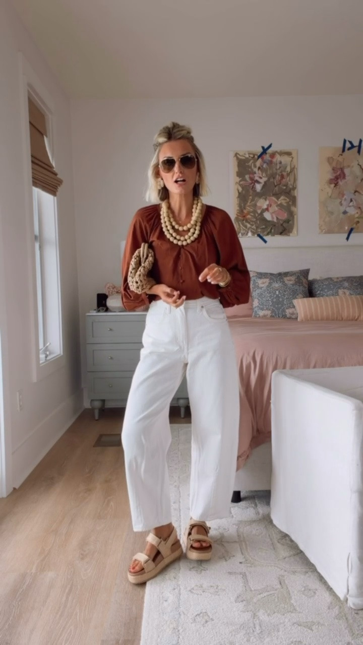 These white barrel jeans paired with dark brown and raffia details looks so luxe and classy! Top is on sale now. Both are Target finds! Wearing S/4

Loverly grey, Target fashion finds, brown blouse, how to style white barrel jeans, white jeans outfit, Target affordable fashion finds

#LTKSaleAlert #LTKSeasonal
