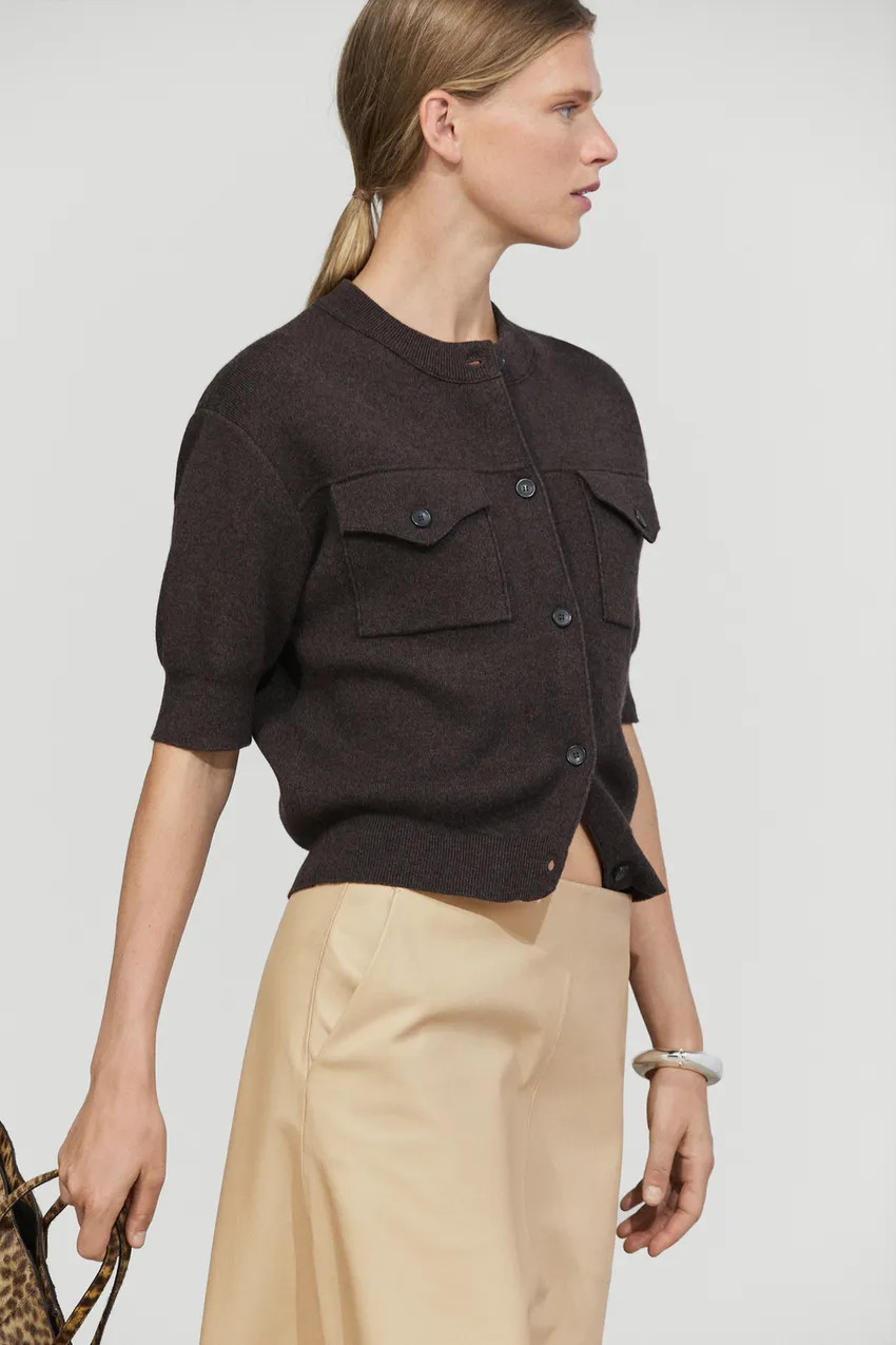Short sleeve knit cardigan with pockets - BROWN | Massimo Dutti US