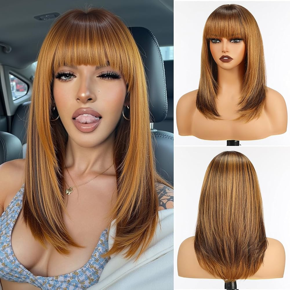 topshe Straight Strawberry Blonde with Bangs Shoulder Length Layered Heat Resistant Synthetic Hai... | Amazon (US)