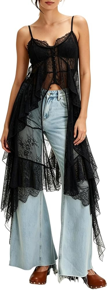 UAURORAO Women Maxi Lace Top Spaghetti Strap Sheer Flowy Boho Long Camisole | Amazon (US)