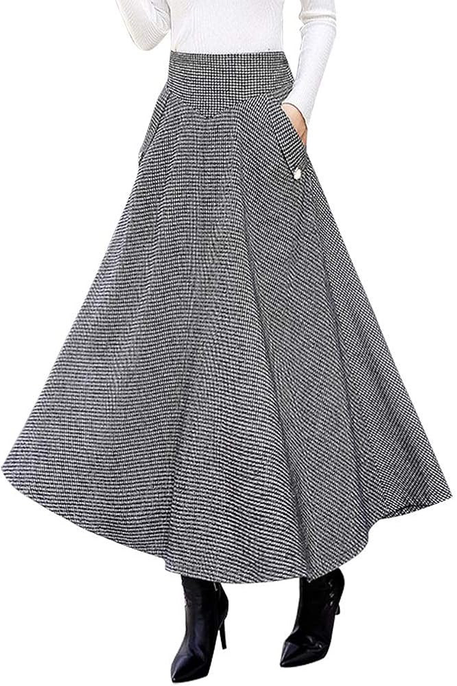 IDEALSANXUN Women’s Fall Winter High Waisted Wool Plaid A-line Long Skirt | Amazon (US)