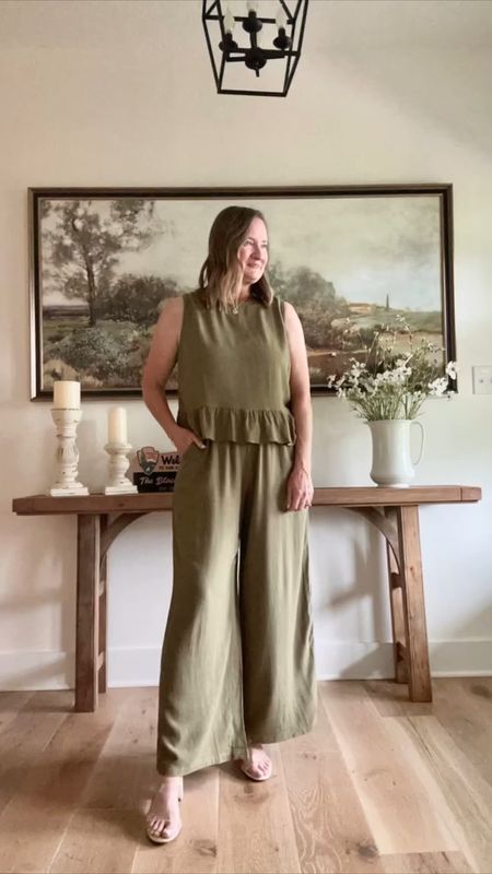 Amazon 2-piece sets for Spring and Summer  ☀️ They all have pockets, stretchy waistbands and come in several colors from @prettygarden_official.

Prettygarden Ruffle Tank Top & Wide Left Pants set in cotton/linen “Army Green” color
Prettygarden Cap Sleeve Top & Pants Set in “Dark Blue” color
Prettygarden Cap Sleeve Hoodie Top & Shorts Set in “Beige” color
Dreampairs Clear Strap Heel Sandals
Nisolo Huarache Sandals in “Almond”
Frye Leather Sneakers