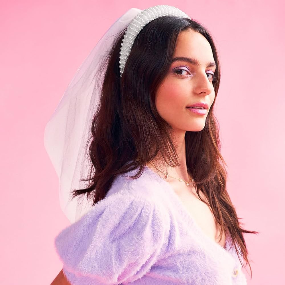 xo, Fetti Bachelorette Party Decorations Pearl Headband with Detachable Veil | White Headpiece Br... | Amazon (US)