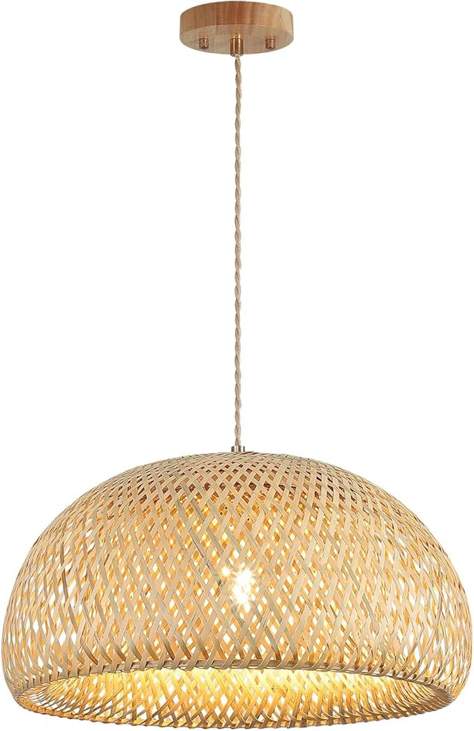 Bamboo Large Pendant Light Fixture 17.8 inch One-Light Adjustable Rustic Basket Handmade Woven Pe... | Amazon (US)
