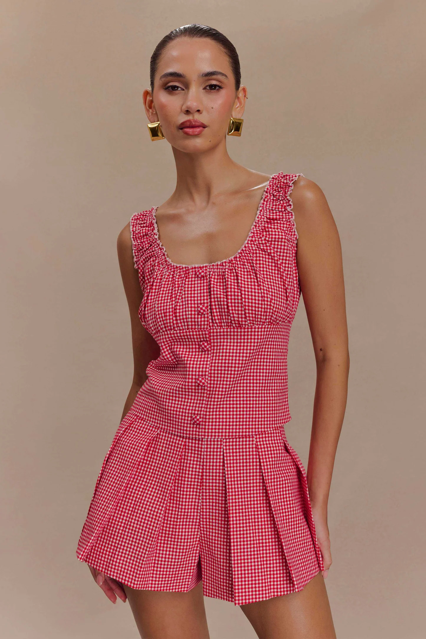 Sleeveless Ruched Top - Red Gingham | MESHKI US