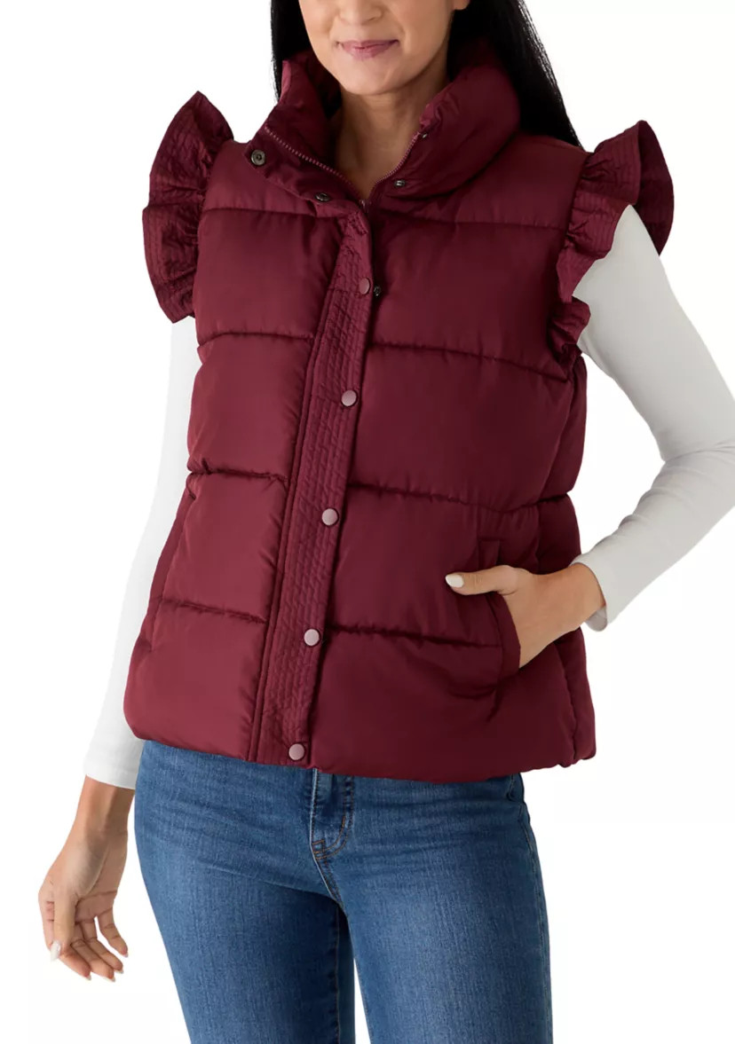 Women's Ruffle Shoulder Puffer Vest | Belk