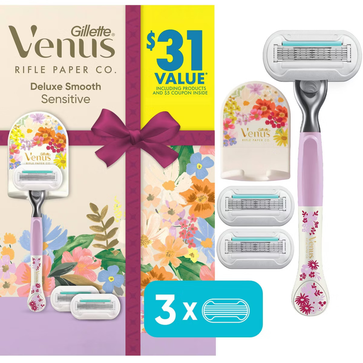 Venus Rifle Paper Co. Holiday Gift Set - Deluxe Smooth Sensitive Razor + 3 Refills & Handle | Target
