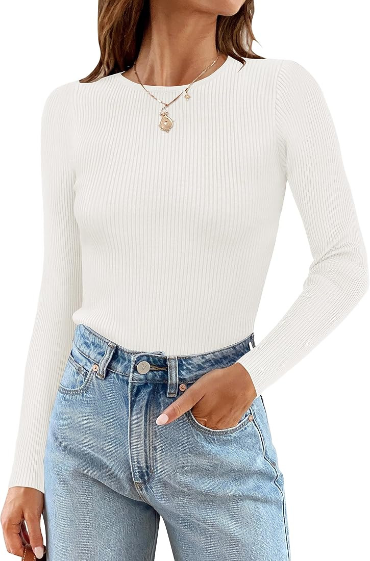 ZESICA Women's Long Sleeve Crewneck Shirts 2023 Fall Clothes Ribbed Knit Sweater Slim Fitted Casu... | Amazon (US)