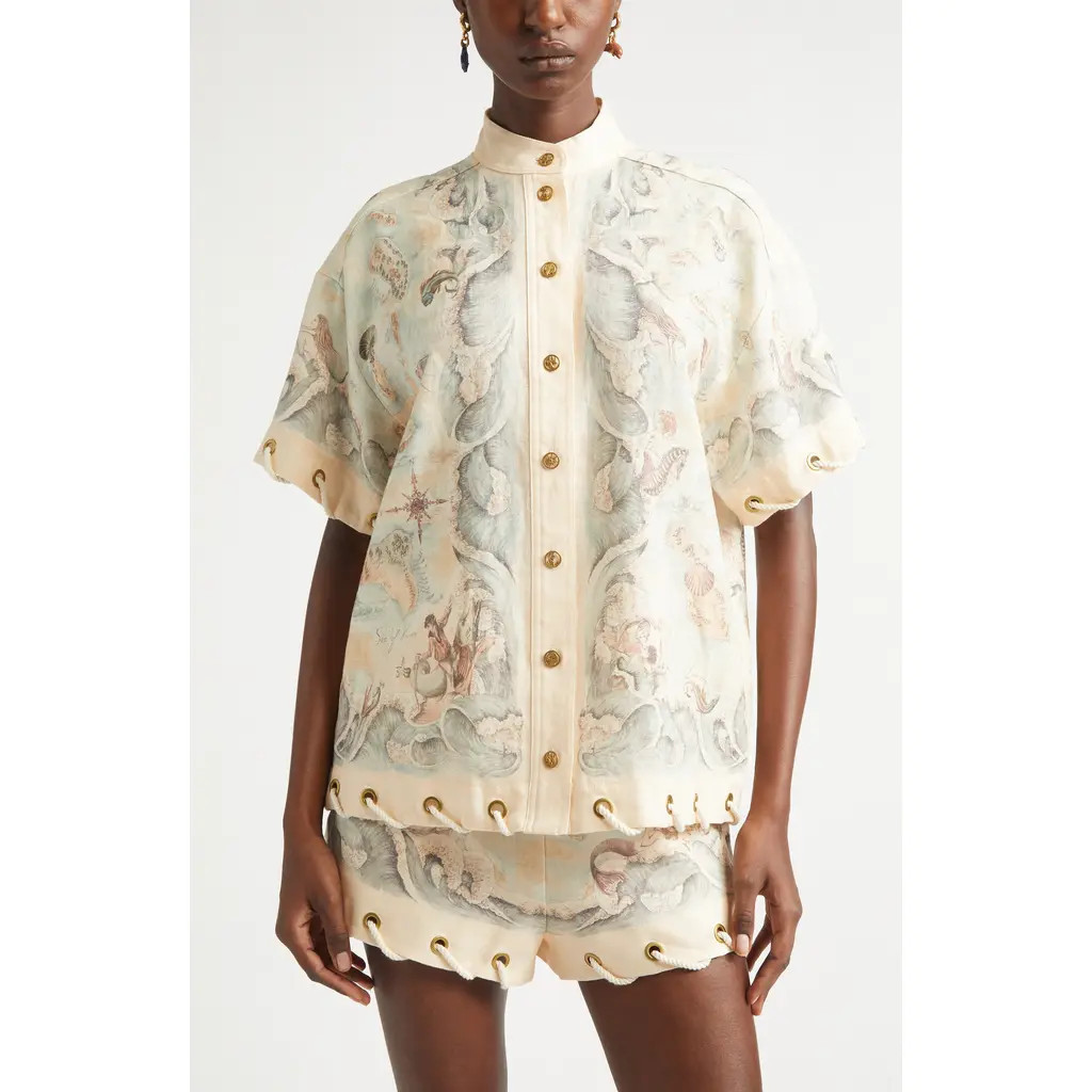 Zimmermann Rebellion Rope Trim Linen Button-Up Shirt in Treasure Map at Nordstrom, Size 0 | Nordstrom