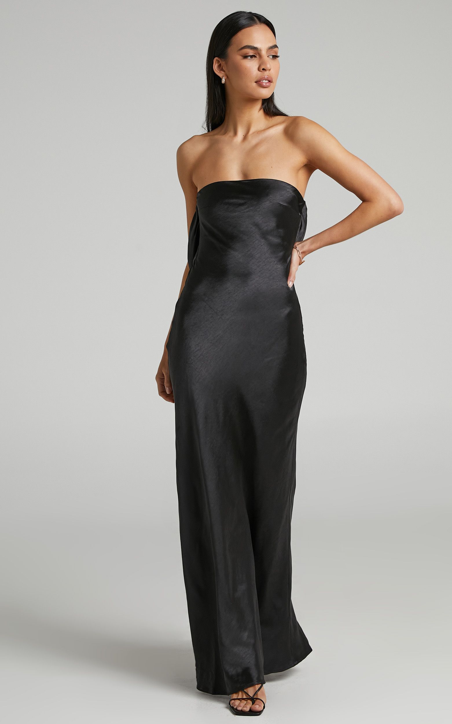 Charlita Strapless Cowl Back Satin Maxi Dress in Black | Showpo (US, UK & Europe)