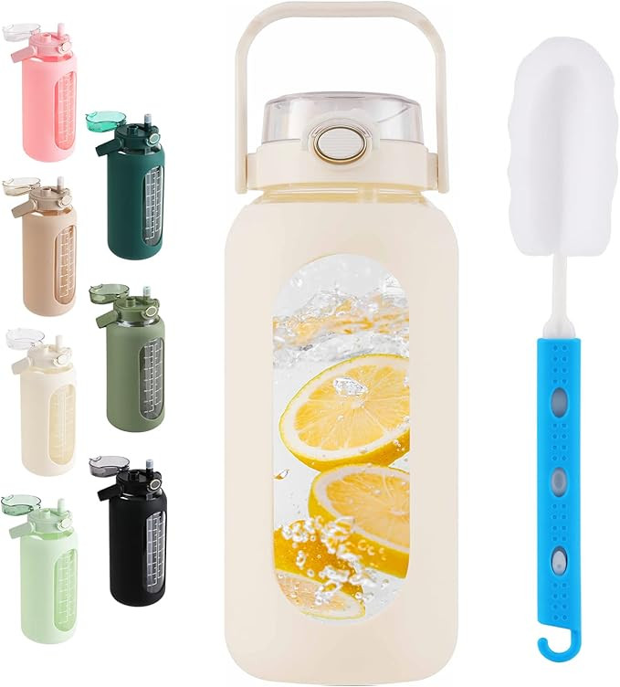 SIEROZUR 64 oz Glass Water Bottle with Straw and Handle Lid Half Gallon Motivational Glass Bottle... | Amazon (US)