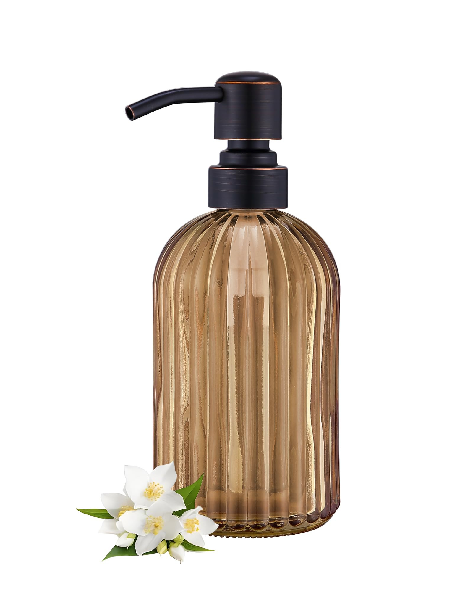 16 OZ Amber Glass Soap Dispenser, Amber Stripe Bathroom Hand Soap Dispensers with Stainless Steel... | Amazon (US)