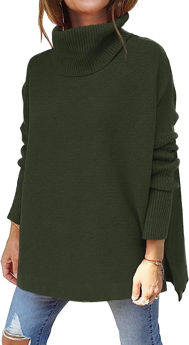 Women's Turtleneck Fall Sweaters Oversized Long Batwing Sleeve Spilt Hem Casual Asymmetric Pullover  | Amazon (US)
