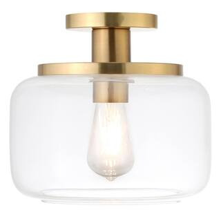 Tatum 11 in. Brushed Brass and Clear Semi Flush Mount with Glass Shade | The Home Depot