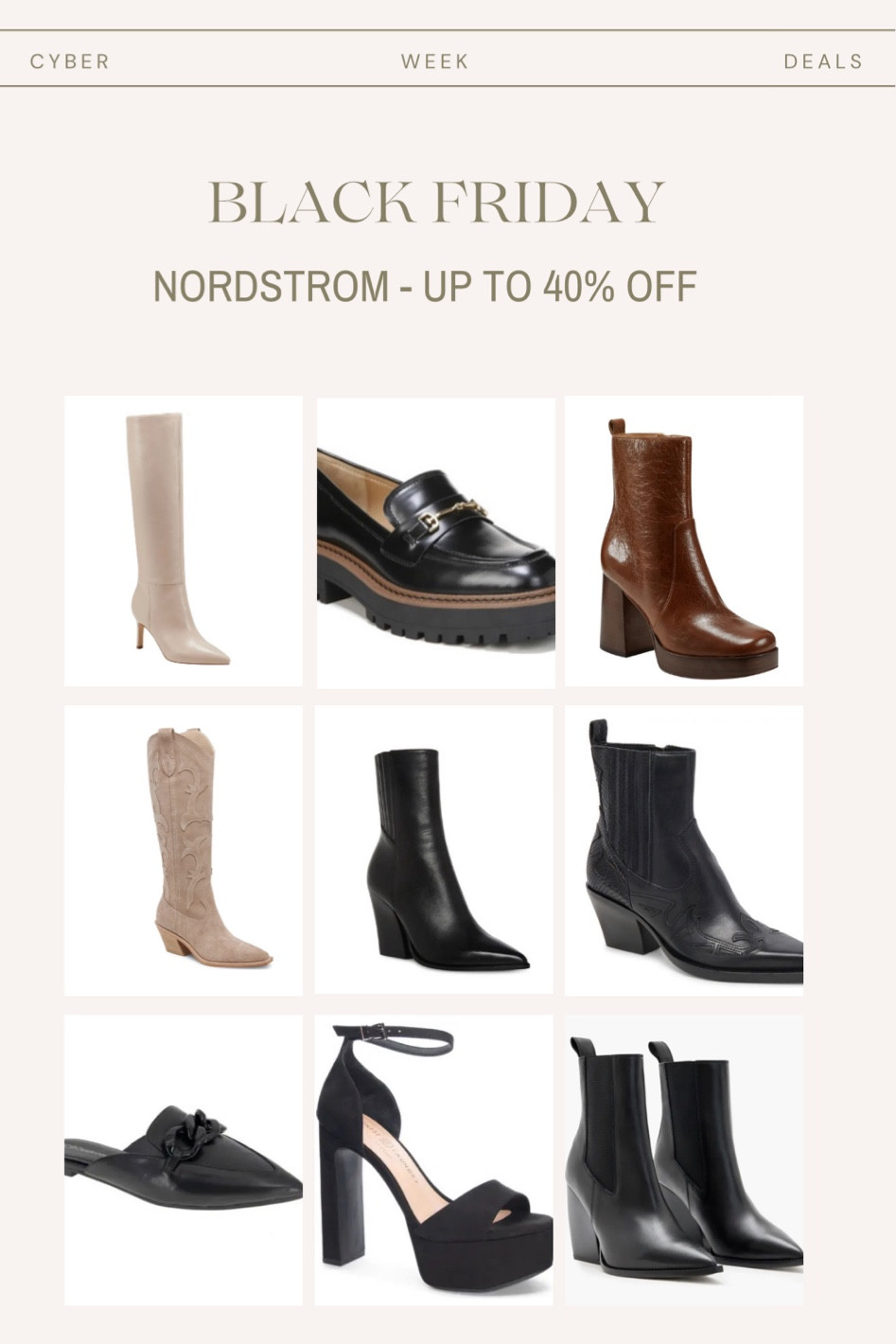 Nordstrom women’s shoes up to 40% off! 

#LTKCyberWeek #LTKHoliday #LTKGiftGuide