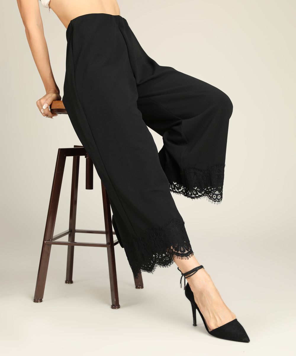 Suzanne Betro Women's Dress Pants 101BLACK - Black Lace-Hem Wide-Leg Crop Pants - Plus | Zulily