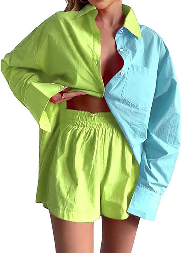 Women's Casual Two Piece Outfit Set Oversized Patchwork Long Sleeve Shirt Loose Shorts Tracksuit Swe | Amazon (US)