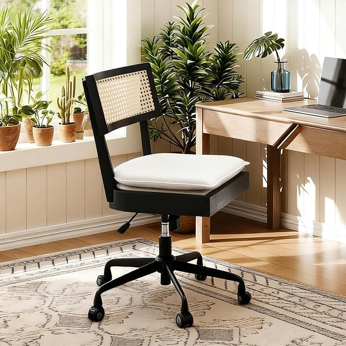Home Office Desk Chair with Wheels, Ergonomic Computer Task Chair with Rattan Back, Adjustable He... | Amazon (US)
