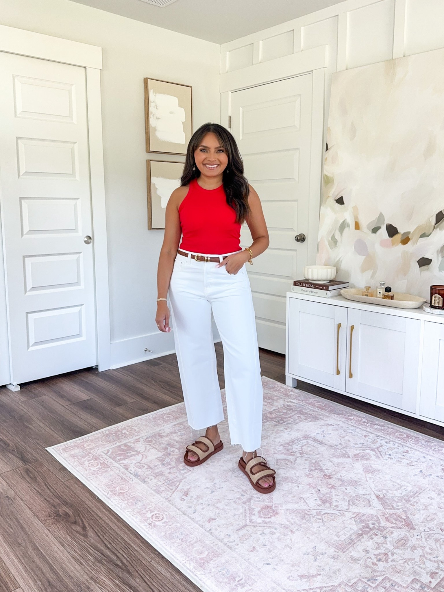 Red tank size xs TTS
White barrel jeans size 26 petite TTS
Brown sandals size 5 TTS
Brown belt size small TTS


#LTKStyleTip #LTKPetite #LTKxMadewell